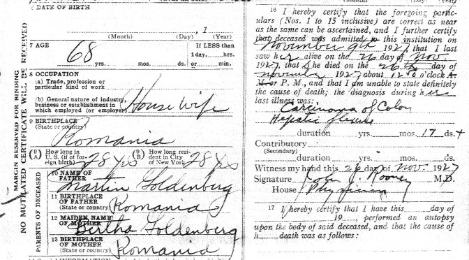 Bertha Jereslawitz Landes’s death certificate