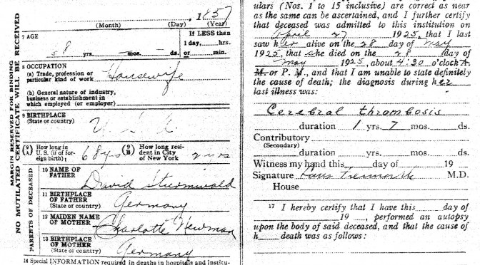 Eliza Sturmwald Lustig’s death certificate