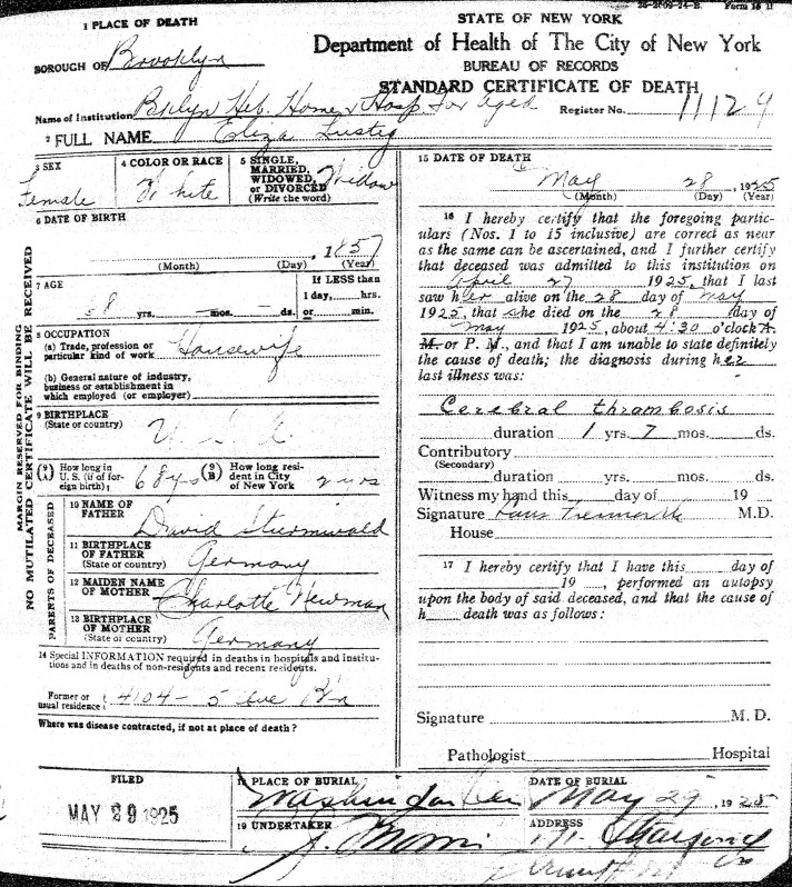 Eliza Stumrwald Lustig's death certificate [NYC Department of Records]