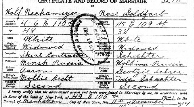 Marriage certificate: Wolf Neckameyer and Rose Goldfarb