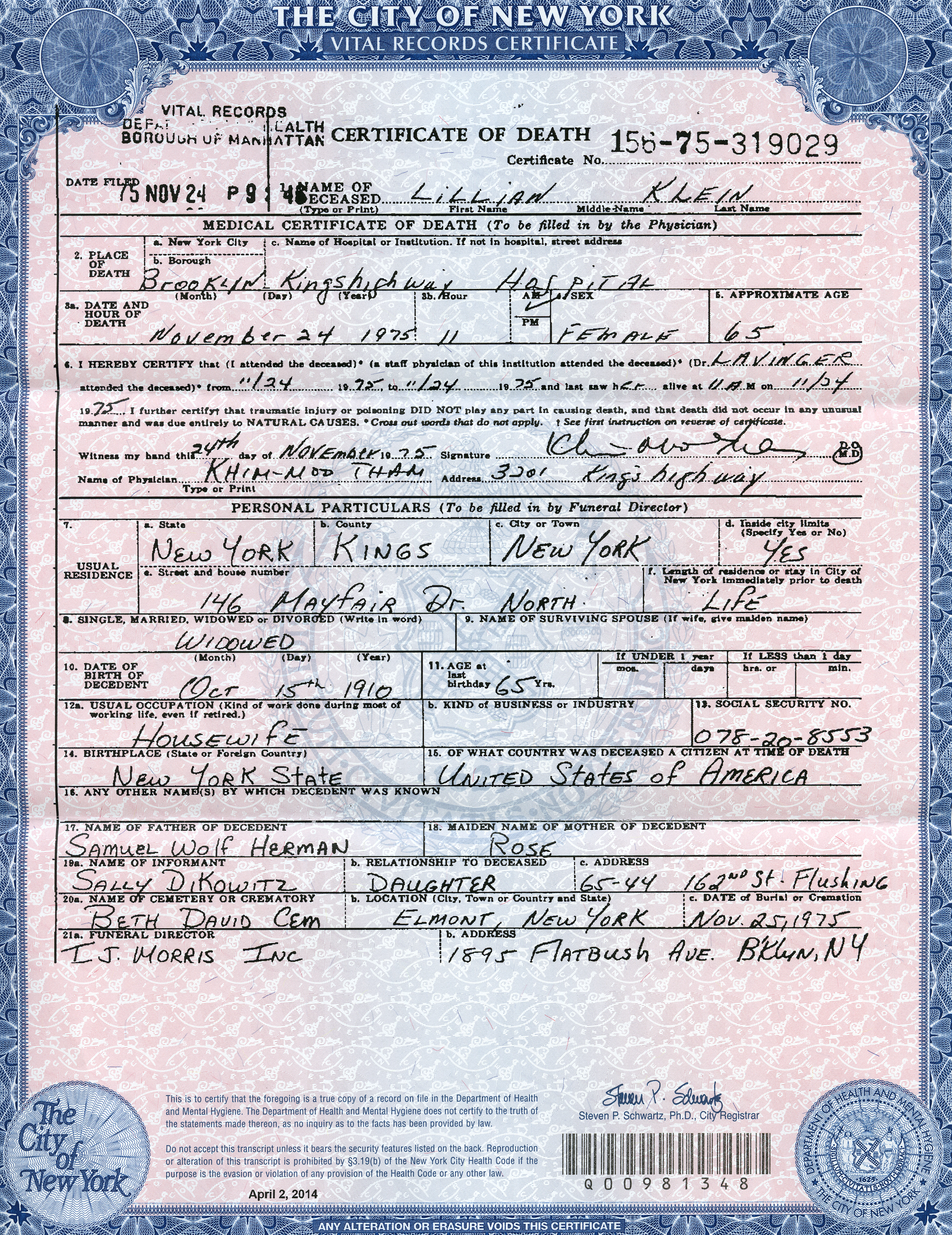 Death certificate for my great grandmother: VitalChek orders
